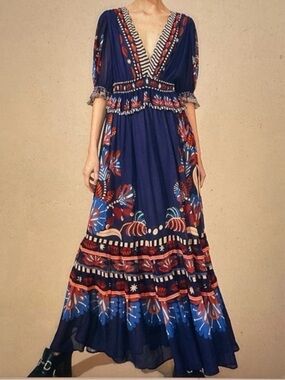 farm rio blue tile dream sleeveless maxi dress FARM Rio Tile Dream Multicolor V Neckline Short Sleeve Mini Dress